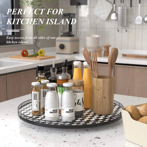 24 Inch Black and White French Look Kitchen Lazy Susan Turntable Round Checkered Decorative Tray on a kitchen countertop with condiments