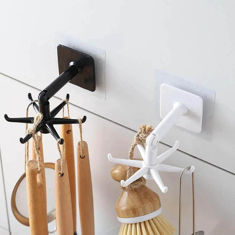 Kitchen Utensil Hanger with 6 Hooks, 2 Pack Under Cabinet Utensil Holder 360° Rotatable Kitchen Hooks shown in black and white.