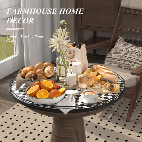 24 Inch Black and White French Look Kitchen Lazy Susan Turntable Round Checkered Decorative Tray on a dining table with food