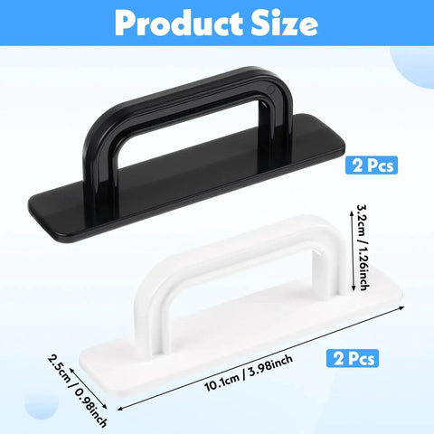 Image showing product size of 4 Pack Stick On Cabinet Handles, featuring black and white self adhesive no drill door pulls.