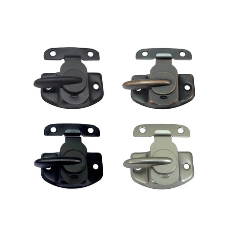 Flat Black Cam Action Window Sash Lock And Keeper Set Four Pack Durable Steel Construction Includes Mounting Screws For Easy Install One And Three Quarter Inch Hole Center Made In Taiwan, shown in four color variations.