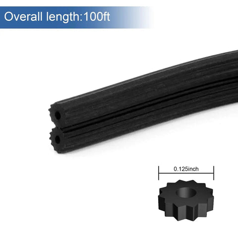 0.125 Inch Window Screen Spline 100 Foot Replacement Round Black Retainer For Window Repair Fits Groove Width 0.118 To 0.132 Inches Serrated Hollow Core TPE UV Stabilized, black spline, 100ft reel, close-up view.