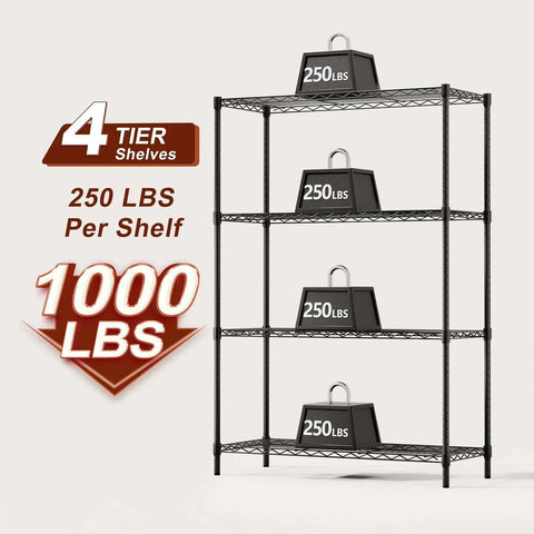 4 Tier Wire Shelving Unit 36x14x54 Black Adjustable Racks Holds 1000 Lbs No Tool Assembly with weight indicators on shelves