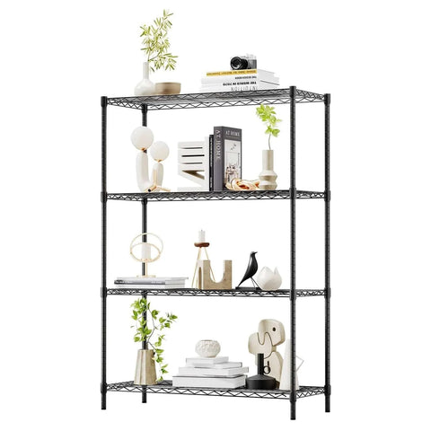 4 Tier Wire Shelving Unit 36x14x54 black, adjustable racks, holds 1000 lbs, no tool assembly, displayed with decor items.