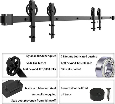 Premium Black Finish Wood Double Sliding Barn Door Hardware Kit With Big Spoke Wheel Rollers and Steel Tracks Display