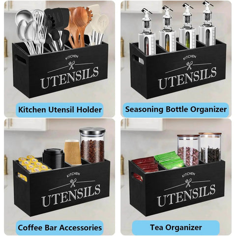 Kitchen Utensil Holder with 4 Compartments, Wooden Utensil Organizer for Countertop, Ideal for Storage and Organization, Rustic