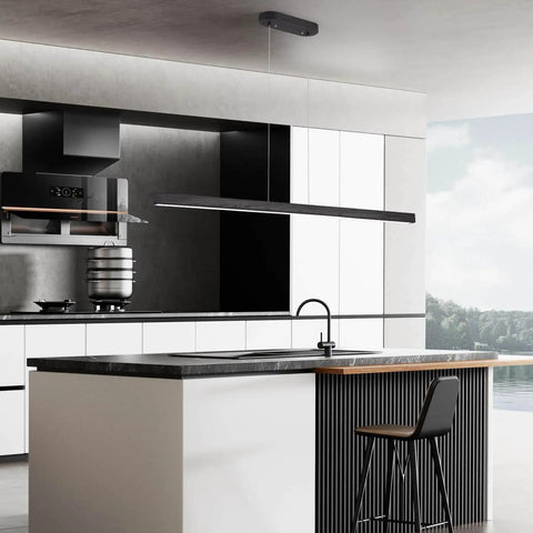 47 Inch Black Linear Pendant Light With Wood Finish Dimmable LED Ceiling Fixture for Dining Room Kitchen Island and Pool Table Remote Control and App Connectivity Modern Industrial Lighting for Home installed over a kitchen island