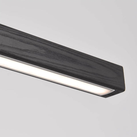 Close-up of 47 Inch Black Linear Pendant Light With Wood Finish Dimmable LED Ceiling Fixture for Dining Room Kitchen Island and Pool Table