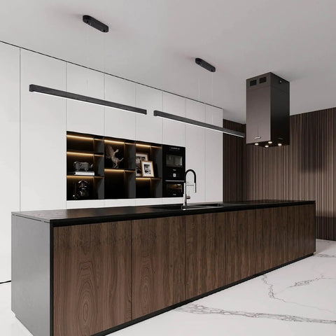 47 Inch Black Linear Pendant Light With Wood Finish Dimmable LED Ceiling Fixture installed over kitchen island