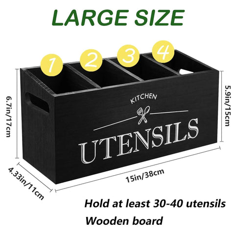 Kitchen Utensil Holder with 4 Compartments, Wooden Utensil Organizer for Countertop, Rustic Kitchen Tool in Black with Dimension Labels