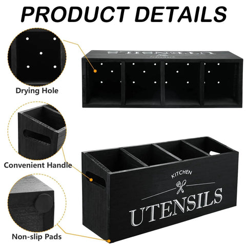 Kitchen Utensil Holder with 4 Compartments, Wooden Utensil Organizer for Countertop, features drying holes and non-slip pads.