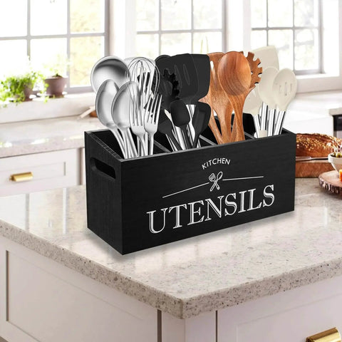 Kitchen Utensil Holder with 4 Compartments, Wooden Utensil Organizer for Countertop, Ideal for Storage and Organization, Rustic Cooking Utensil Kitchen Tool, Black on kitchen counter