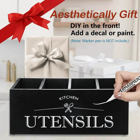 Kitchen Utensil Holder with 4 Compartments, Wooden Utensil Organizer for Countertop, black with DIY gift and paint suggestion