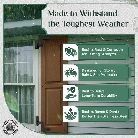 Heavy-Duty Black Wrought Iron Shutter Hinges with lift-off pintles installed on window in storm, benefits listed.