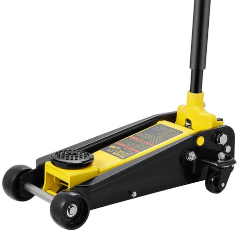 3 Ton Low Profile Floor Jack With Quick Lift Pump For All Terrain Vehicles And Cars Heavy Duty Steel Racing Jack 5.12 Inch To 20 Inch Lifting Range Pro Grade Performance For DIYers And Pros, black and yellow design, front view.
