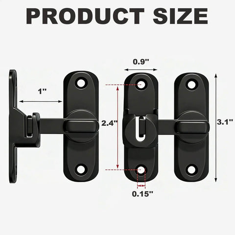 Dual 90 And 180 Degree Gate Latch For Barn Doors Zinc Alloy Right Angle Door Lock Latch, black, with dimensions on display