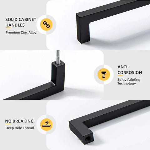 10 Pack 5 Inch Solid Zinc Alloy Cabinet Handles in Black Finish shown in close-up displaying quality and durability features.