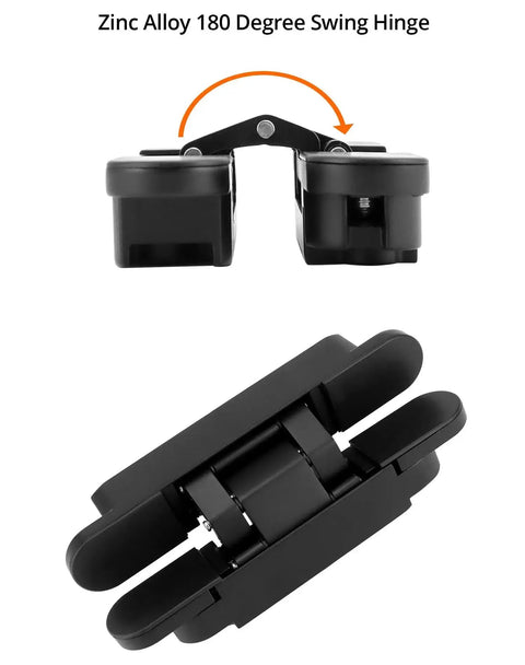 Hidden Door Hinges 2 Pack, 6 Inch Adjustable Concealed Hinges Zinc Alloy Black Finish, top and bottom view, 180 degree swing hinge