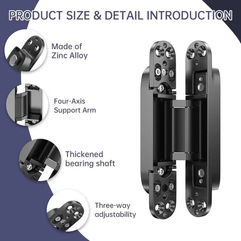 Seamless Hidden Door Hinges Set 7 Inch, 4 Pack Concealed Zinc Alloy 180 Degree Swing, Black, detail view of hinge features