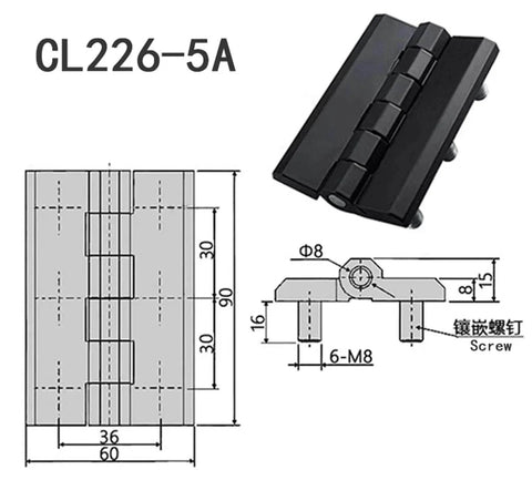 Diagram of Heavy Duty Cabinet Hinge Zinc Alloy 90x60 Thickened Hexagonal Stud 2 Pack Black Zinc with measurements and side view.