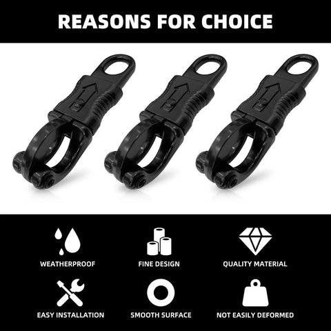 Three black 5 Pack Quick Release Snaps With Fixed Eye Zinc Alloy Construction, shown with weatherproof and quality features.