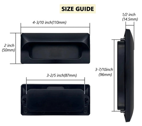 Two Pack Black Zinc Alloy Recessed Pull Handles For Cabinets And Furniture measurements, showing 4.3x2 inches dimensions.