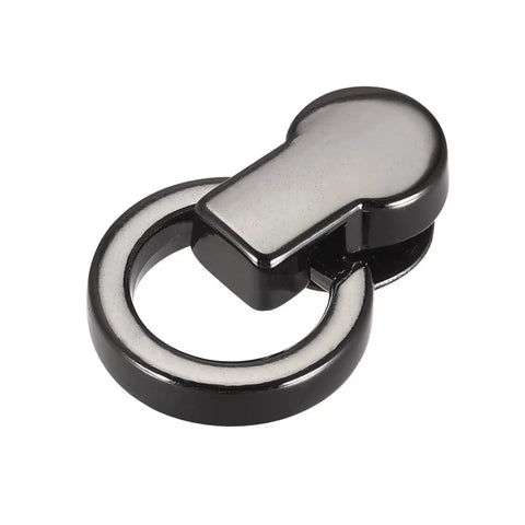 Close-up of Six Piece Ball Stud Rivet Set With D Ring For Purse Chain Connector And Leather Craft in zinc alloy, black finish.