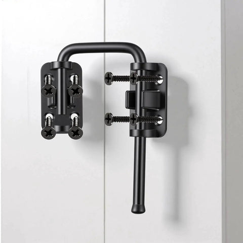 Black Zinc Alloy Rotary Sliding Door Lock for Patio and Screen Doors Safety Latch installed on white panel
