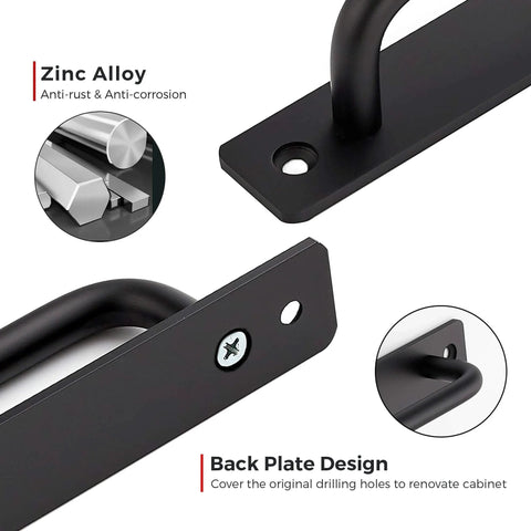 Close-up of black zinc alloy barn door handle with 5-inch hole center, back plate design, and screw detail for sliding closet doors.