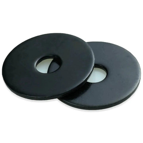 1/4 X 1 Inch Black Zinc Plated Fender Washers For Screws And Bolts, 50 Pieces, showing two washers with black finish on a white background.