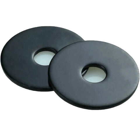 Close-up of two 1/4 X 1 Inch Black Zinc Plated Fender Washers For Screws And Bolts, flat washer with central holes.