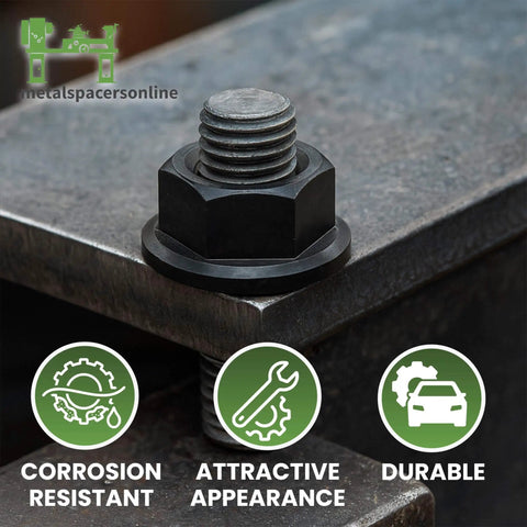 M6 X 1.0 Flange Nut Set, 500 Pack Black Zinc Steel Grade 10.9 With 10mm Drive shown on metal surface highlighting durability
