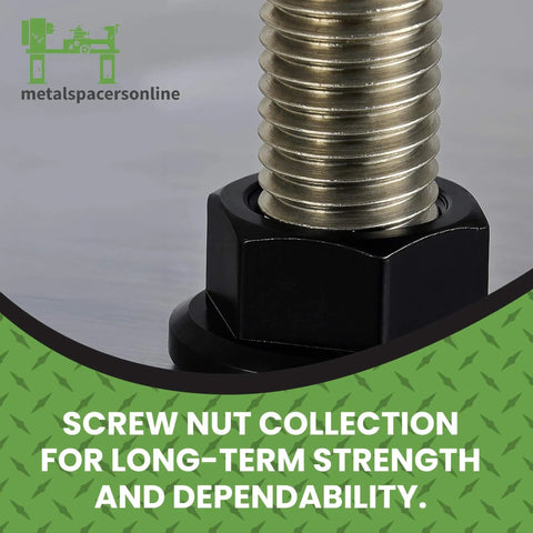 Close-up of M6 X 1.0 Flange Nut Set, 500 Pack Black Zinc Steel Grade 10.9 With 10mm Drive, installed on a threaded rod.