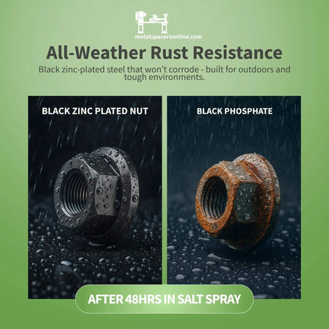 M6 X 1.0 Flange Nut Set, 500 Pack Black Zinc Steel Grade 10.9 shown with corrosion resistance vs. phosphate coating in rain