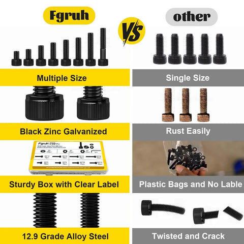 Comparison of 750PCS M3 Screws Assortment Kit versus other screws, showing multiple sizes, black zinc plating, and sturdy box