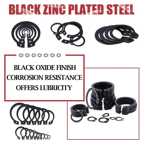 Alloy Steel External Snap Ring Assortment Kit, 300-Piece, black zinc plated rings, 15-size set from 4mm to 28mm, corrosion-resistant.