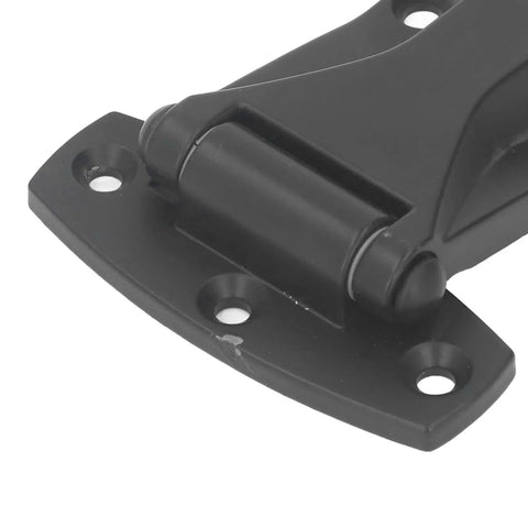 Close-up of Soft Close Tee Hinge, T Strap Hinge in black zinc alloy, designed for toolbox and car door repair with four mounting holes.