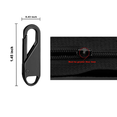 Close-up view of a black metal zipper pull slider with dimensions, part of Six Pack Zipper Pull Replacements Kit for Clothing Jackets Backpacks Purses and Coats Universal Metal Zipper Sliders With Easy Attach Pull Tabs Black And Silver Six Pieces.