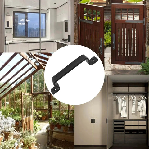 Sliding Barn Door Handle Black Steel, 7.5 Inch Length, Modern Cabinet Pull for various doors and cabinets, includes screws.