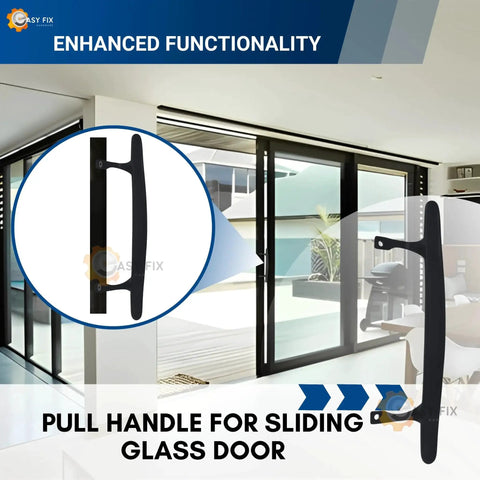 Standard Sliding Door Pull Handle For Sliding Glass Doors Black DH103 Replacement Handle shown on glass door.