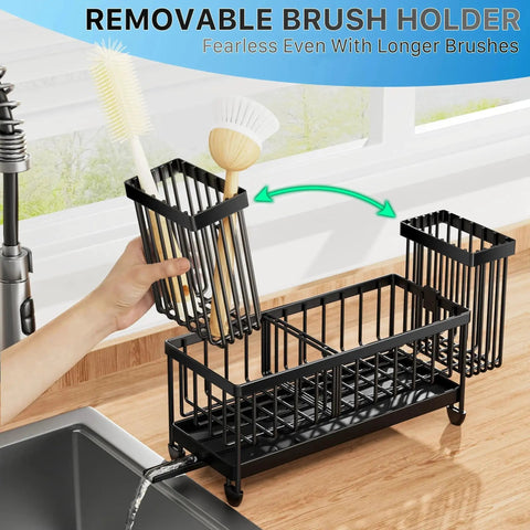 Compact rustproof 304 stainless steel sink caddy with rotatable spout and tall brush holder on kitchen counter