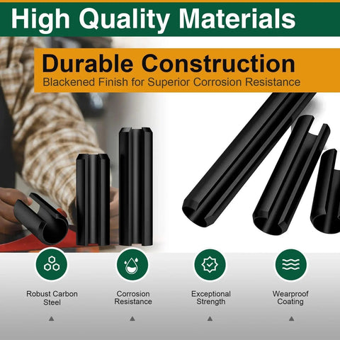 460 Piece Roll Pin Set Of Slotted Spring Pins In Metric Sizes From M1.5x6 To M6x30 Durable Blackened Carbon Steel Pins