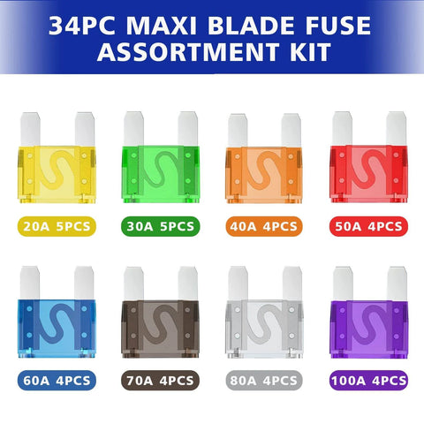 Blade Fuse Assortment Kit With 34 Piece Auto Fuses Set 20A 30A 40A 50A 60A 70A 80A 100A In Clear Organizer Case For Cars SUVs Trucks RVs Boats And Motorcycles Easy Access Durable Build Ready To Use For Your Ride featuring 9 colored fuses.