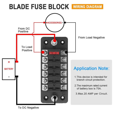Wiring diagram for 6 Way Blade Fuse Block With Negative Bus For 12V 24V Vehicles Waterproof Cover 6 Circuit Fuse Holder.