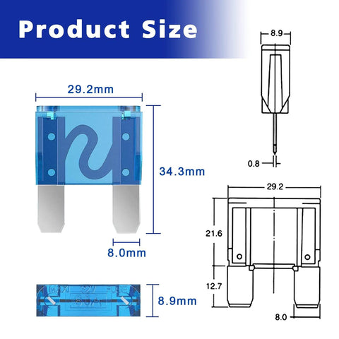 Blade Fuse Assortment Kit With 34 Piece Auto Fuses Set showing dimensions in millimeters, including a blue blade fuse.
