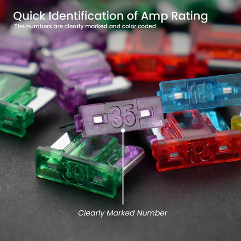 Assorted colored 35A blade fuses with numbers for quick identification, Low Profile Mini Blade Fuses, 15A 25 Pack Automotive Fuses