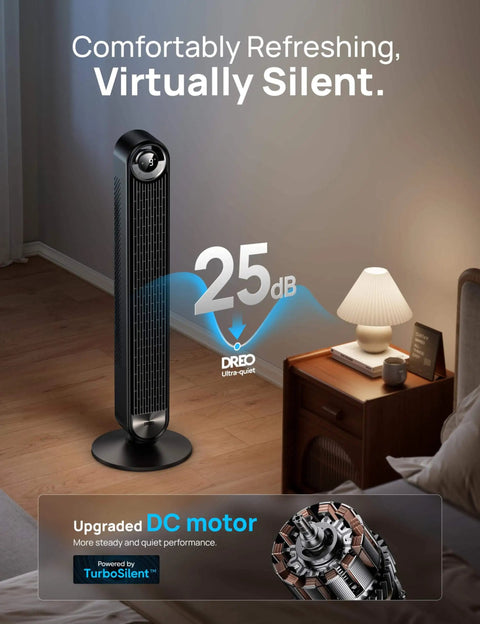 Ultra Quiet 42 Inch Bladeless Tower Fan For Bedroom And Living Room With 9 Speed DC Motor displayed in a cozy room setting