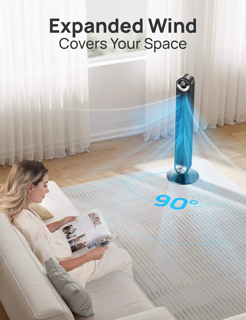 Ultra Quiet 42 Inch Bladeless Tower Fan For Bedroom And Living Room With 9 Speed DC Motor shown in a living room setting