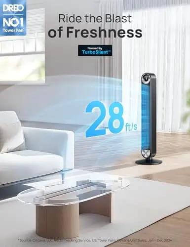 Ultra Quiet 42 Inch Bladeless Tower Fan For Bedroom And Living Room With 9 Speed DC Motor displayed in a modern living room.