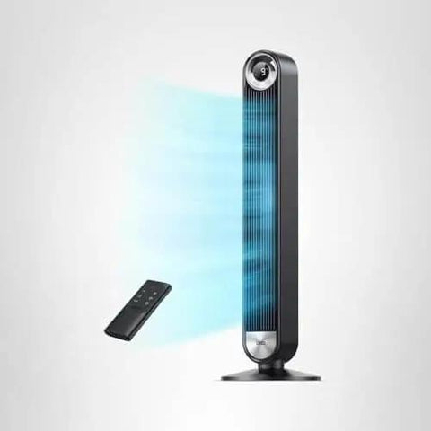Ultra Quiet 42 Inch Bladeless Tower Fan For Bedroom And Living Room With 9 Speed DC Motor 28 Feet Per Second Wind 90 Degree Oscillation 12 Hour Timer 1076 CFM Power For Home Office By DREO, shown with remote control.